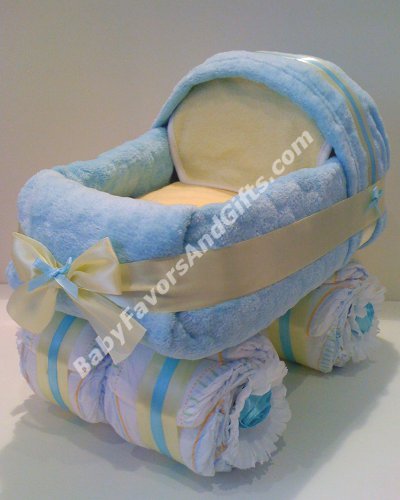 Baby Diapering on Blue Baby Carriage Diaper Cake    Unique Diaper Cakes